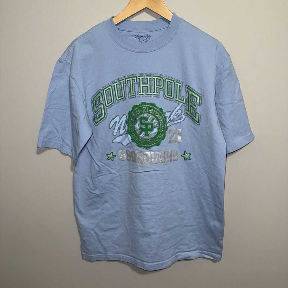 Vintage South Pole Shirt Mens Medium Blue Graphic Streetwear Y2K Hip Hop Bling